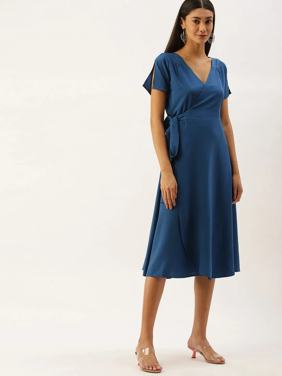 Berrylush Women Solid Blue V-Neck Wrap Midi Dress