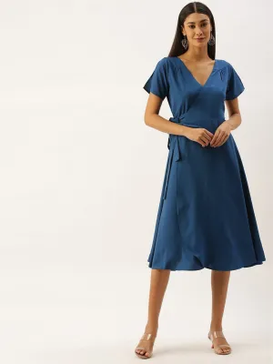 Berrylush Women Solid Blue V-Neck Wrap Midi Dress