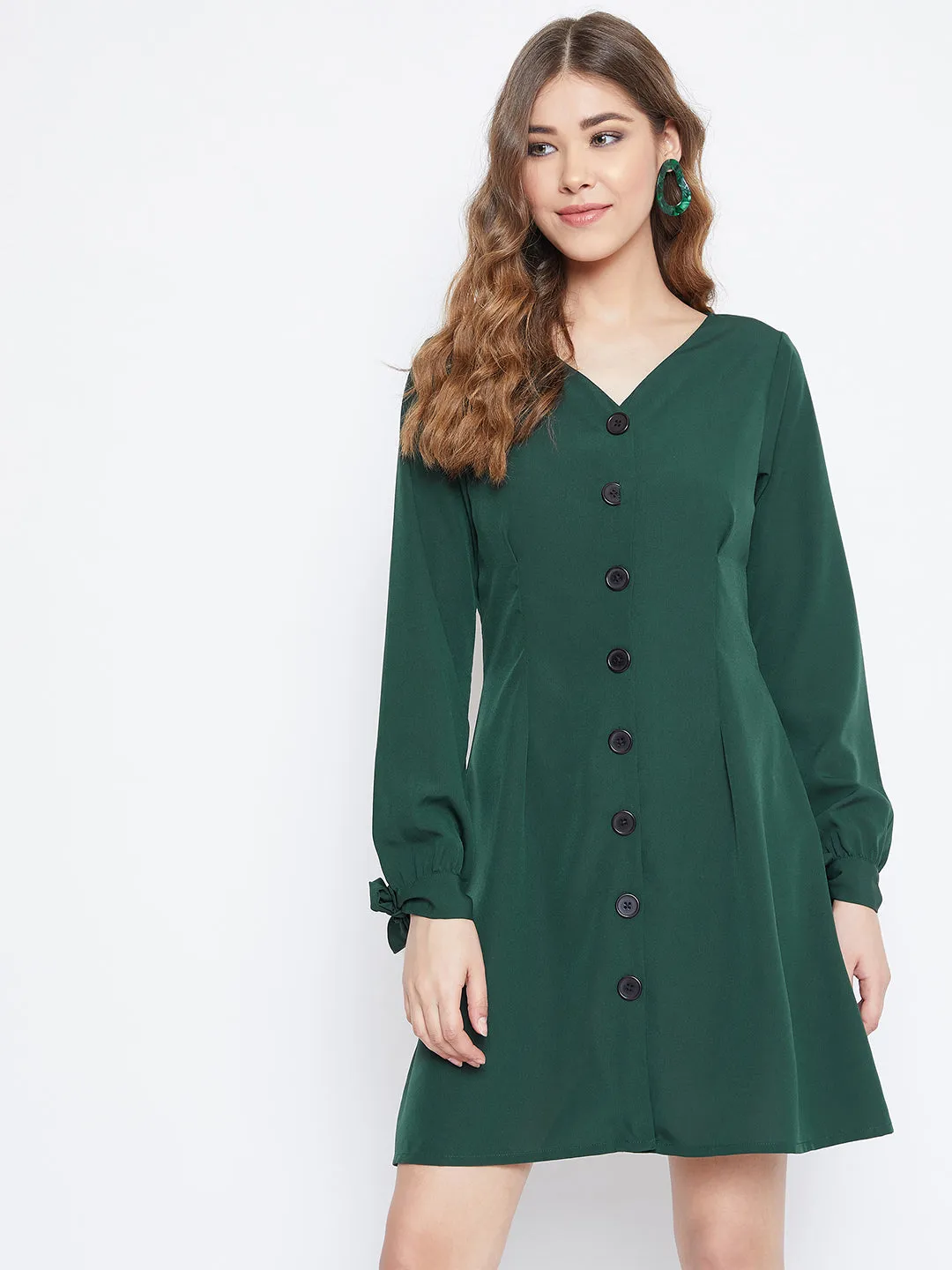 Berrylush Women Solid Green Tie-Knot Sleeves Buttoned Mini Dress