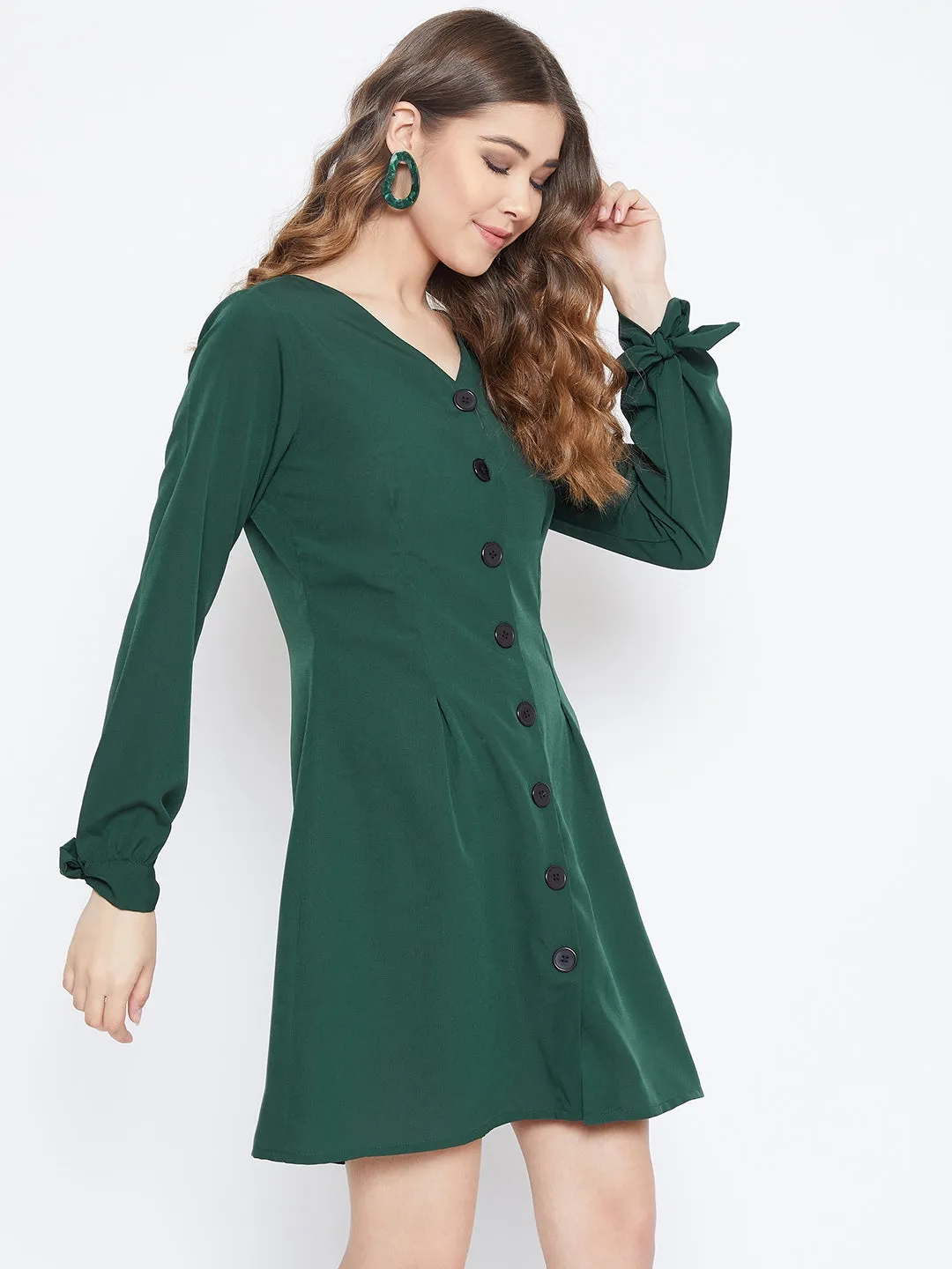 Berrylush Women Solid Green Tie-Knot Sleeves Buttoned Mini Dress