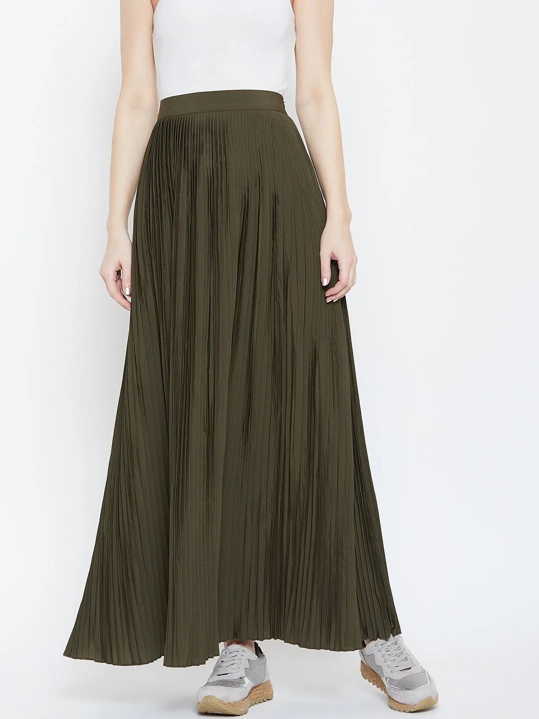 Berrylush Women Solid Olive Green Flared Maxi Skirt