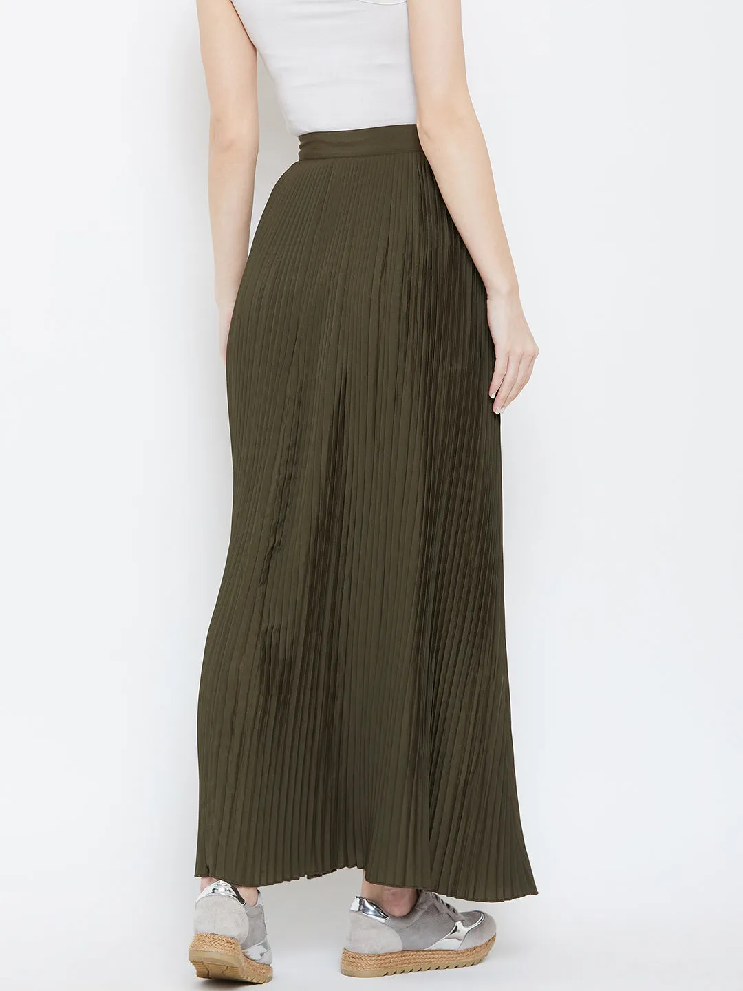 Berrylush Women Solid Olive Green Flared Maxi Skirt