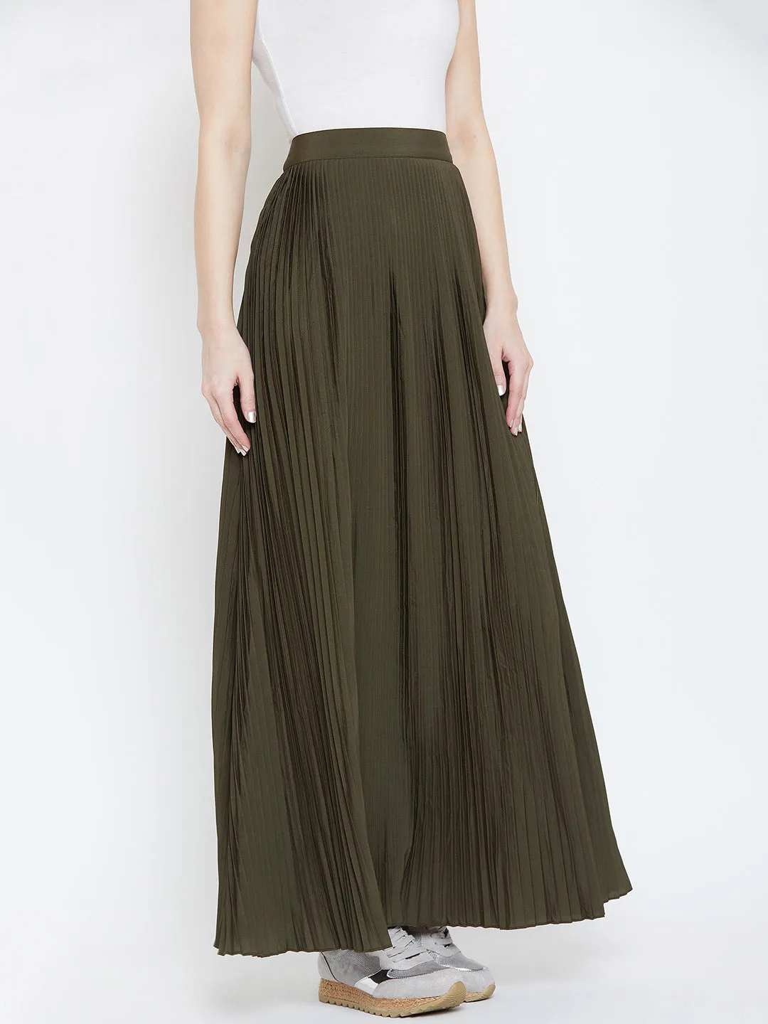 Berrylush Women Solid Olive Green Flared Maxi Skirt