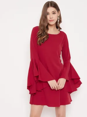 Berrylush Women Solid Red Flared Sleeves A-Line Mini Dress