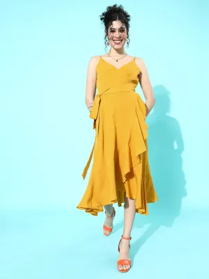 Berrylush Women Solid Yellow V-Neck Crepe Ruffled A-Line Midi Dress