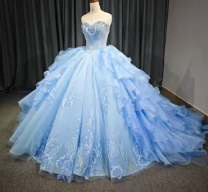 Blue Quinceanera Dress with pleats and flowers