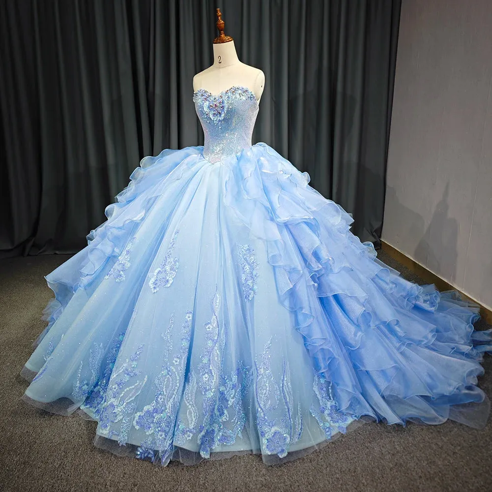 Blue Quinceanera Dress with pleats and flowers