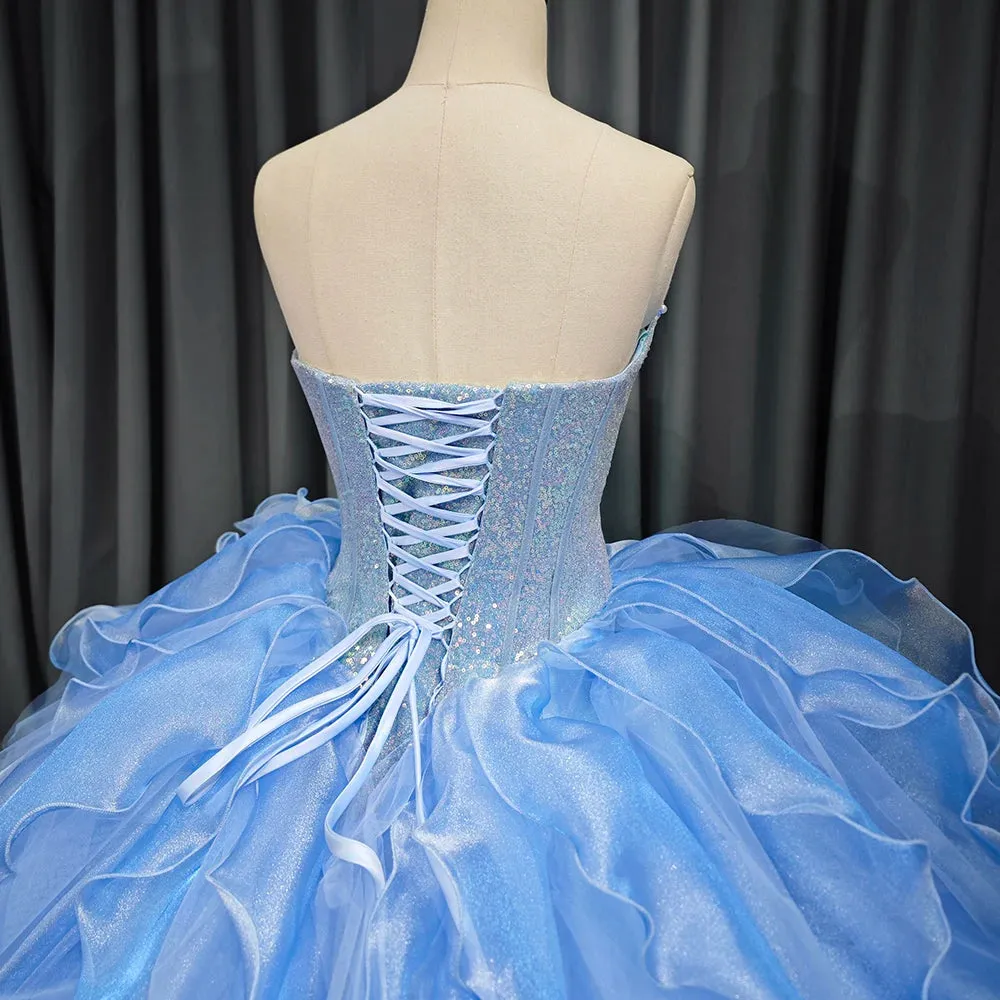 Blue Quinceanera Dress with pleats and flowers