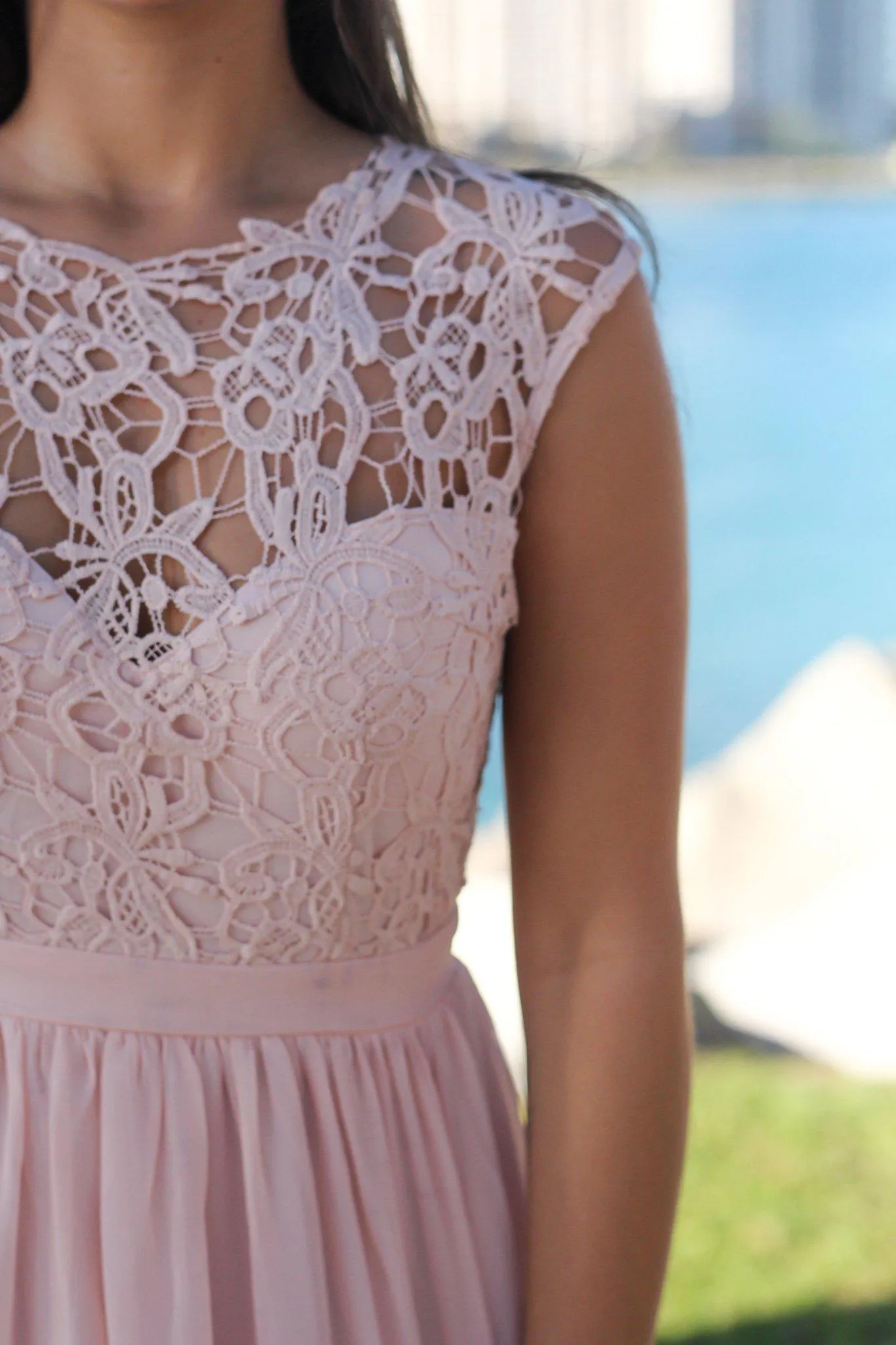 Blush Crochet Maxi Dress with Tulle Back