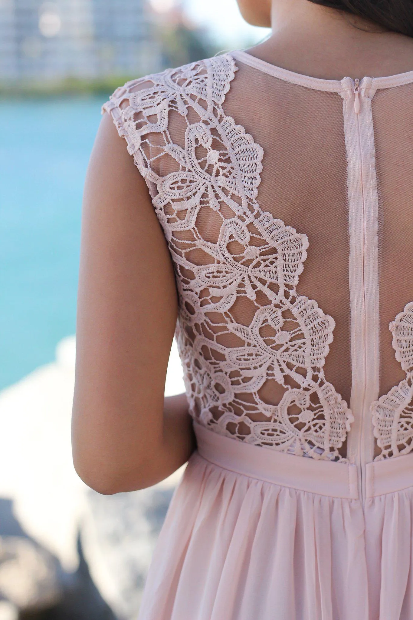 Blush Crochet Maxi Dress with Tulle Back