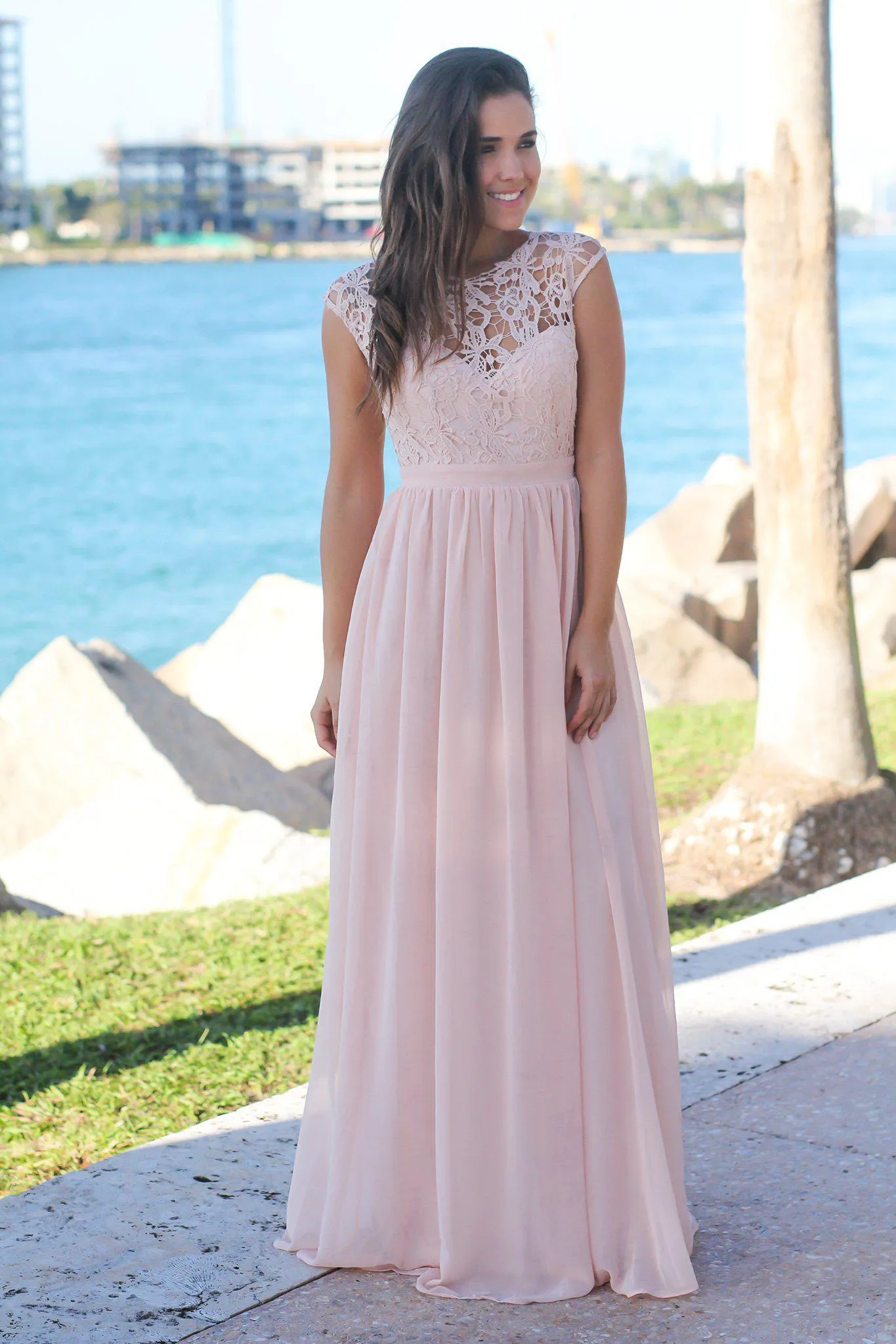 Blush Crochet Maxi Dress with Tulle Back