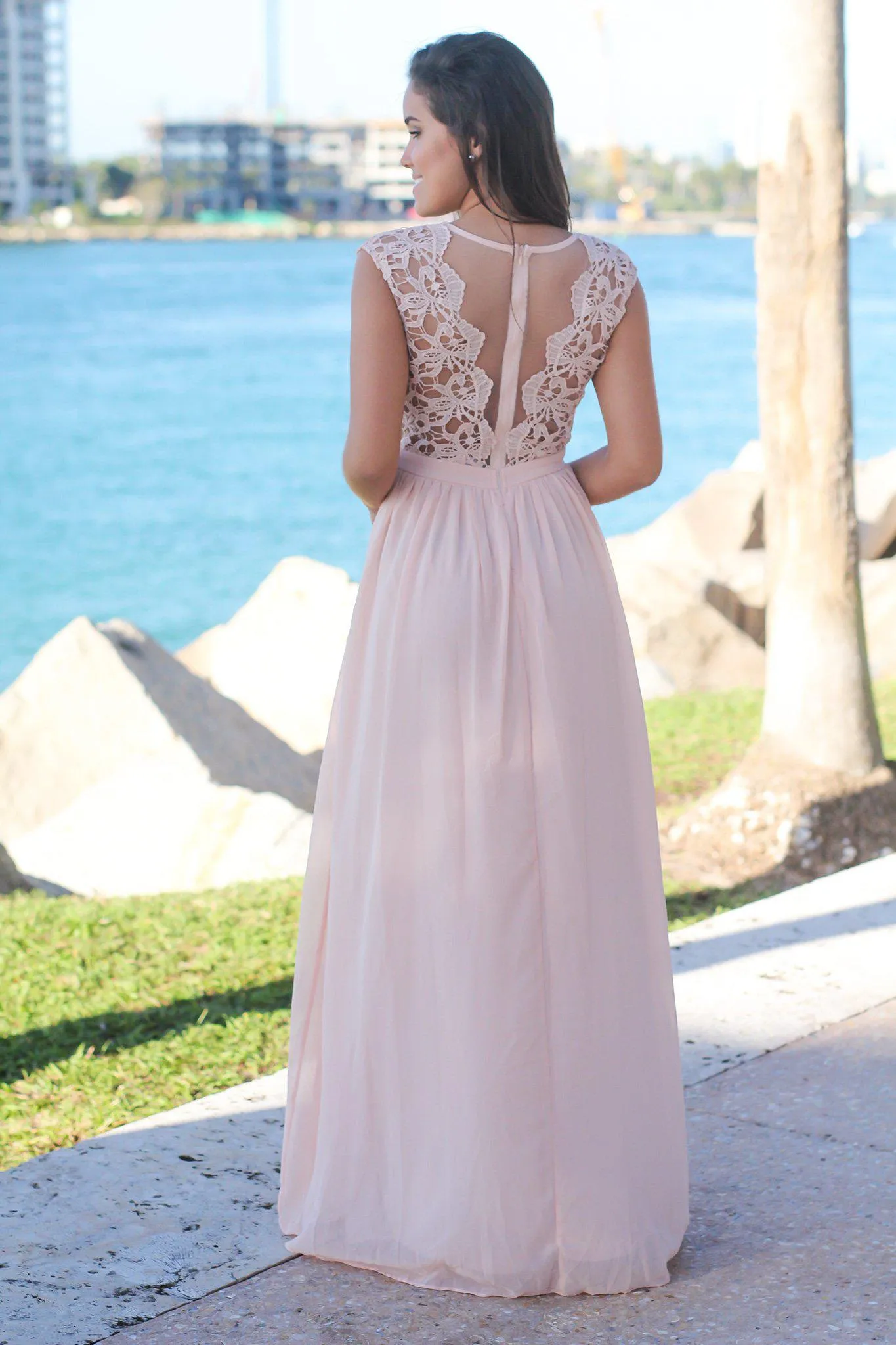 Blush Crochet Maxi Dress with Tulle Back