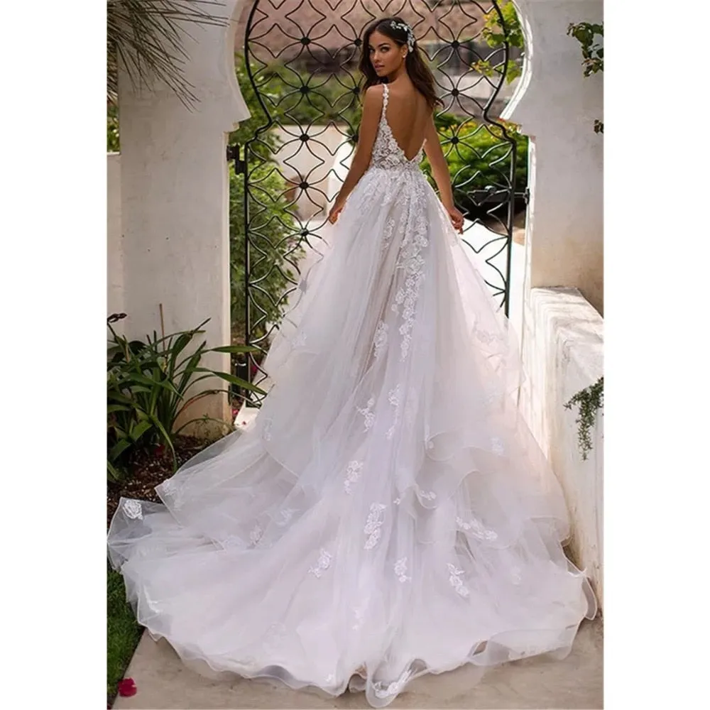 Boho Beach Chic A-Line Tulle Flower Sweep Train Wedding Bridal Dress