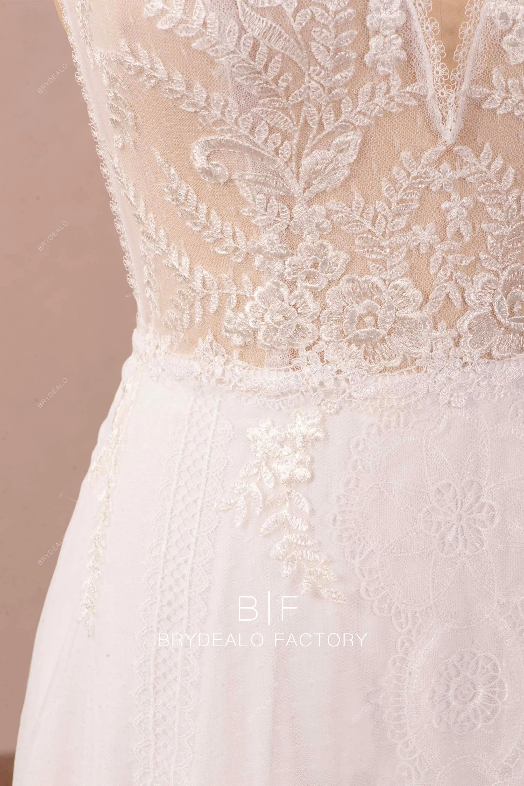 Boho Straps Flower Lace Long A-line Spring Fall Wedding Dress