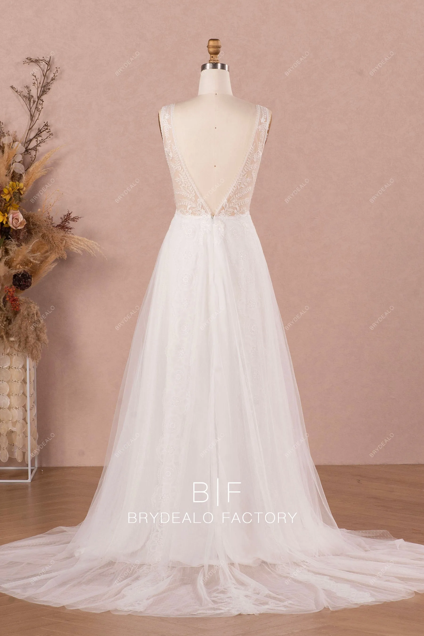 Boho Straps Flower Lace Long A-line Spring Fall Wedding Dress