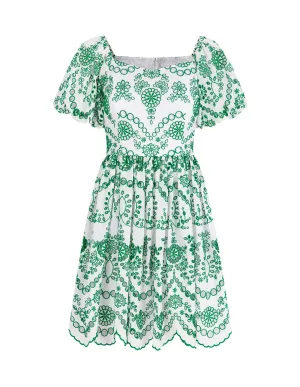 BORA AKSU French Puff Sleeve Forest Green Hollow Embroidered Dress