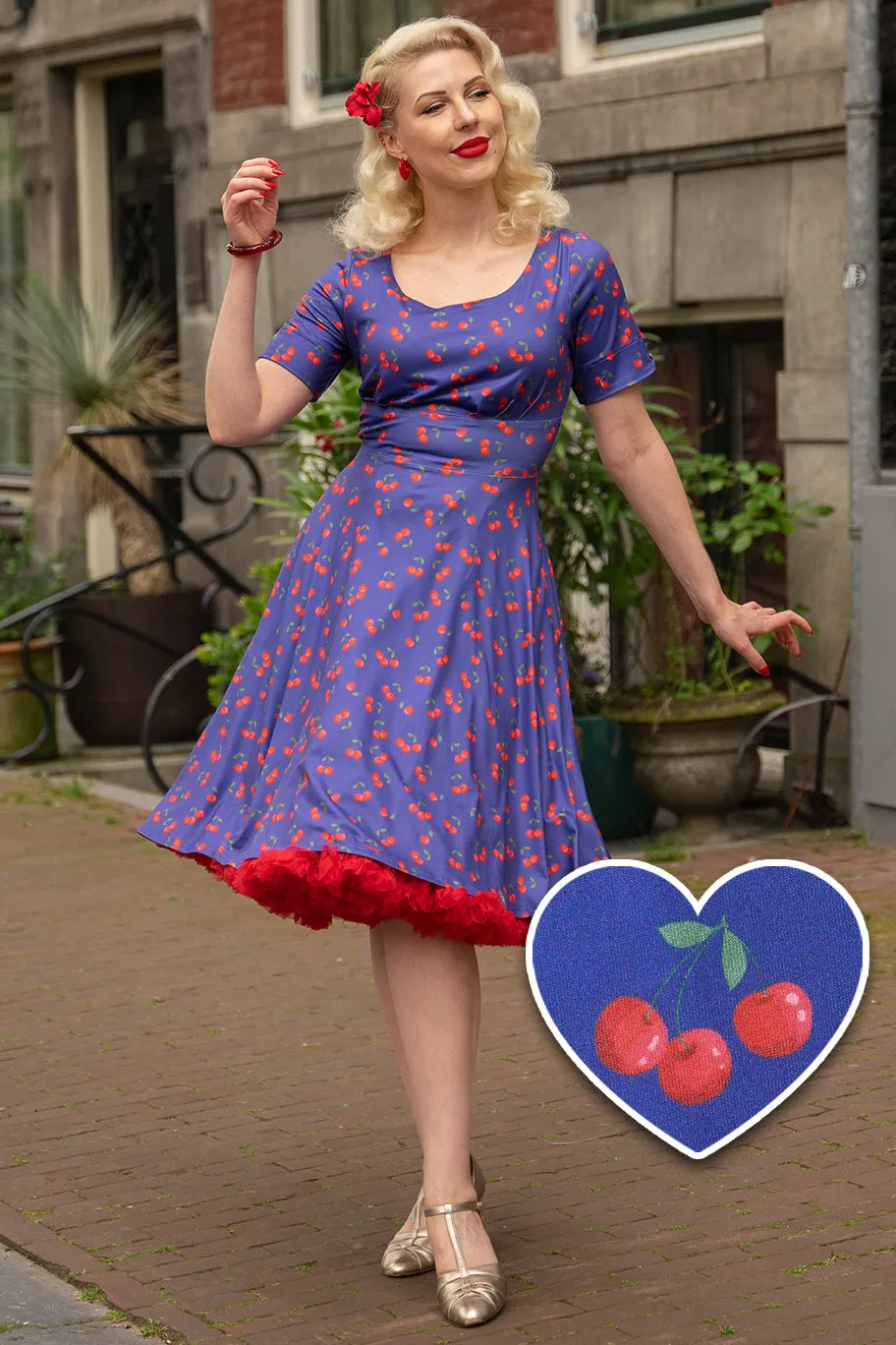 Brenda Blue Cherry Flared Dress