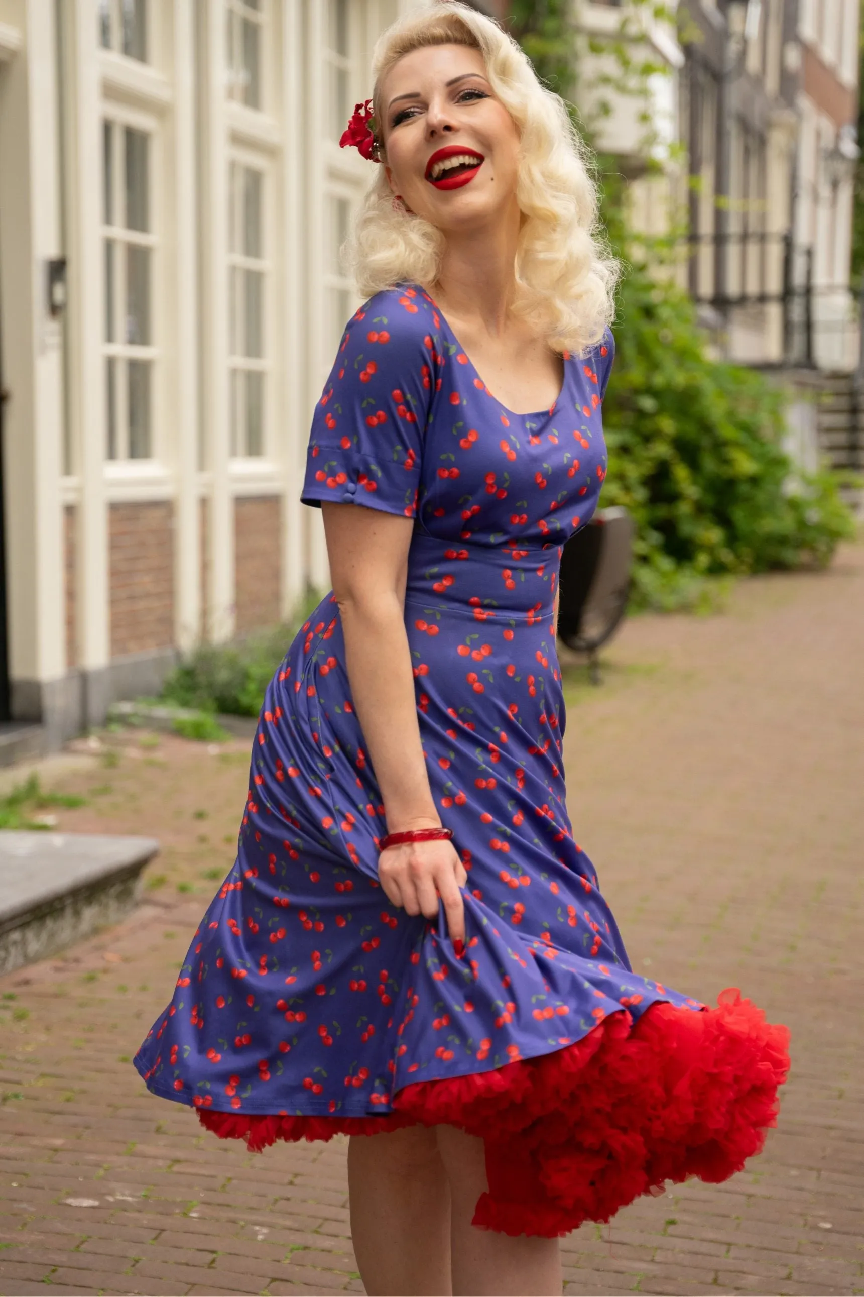 Brenda Blue Cherry Flared Dress