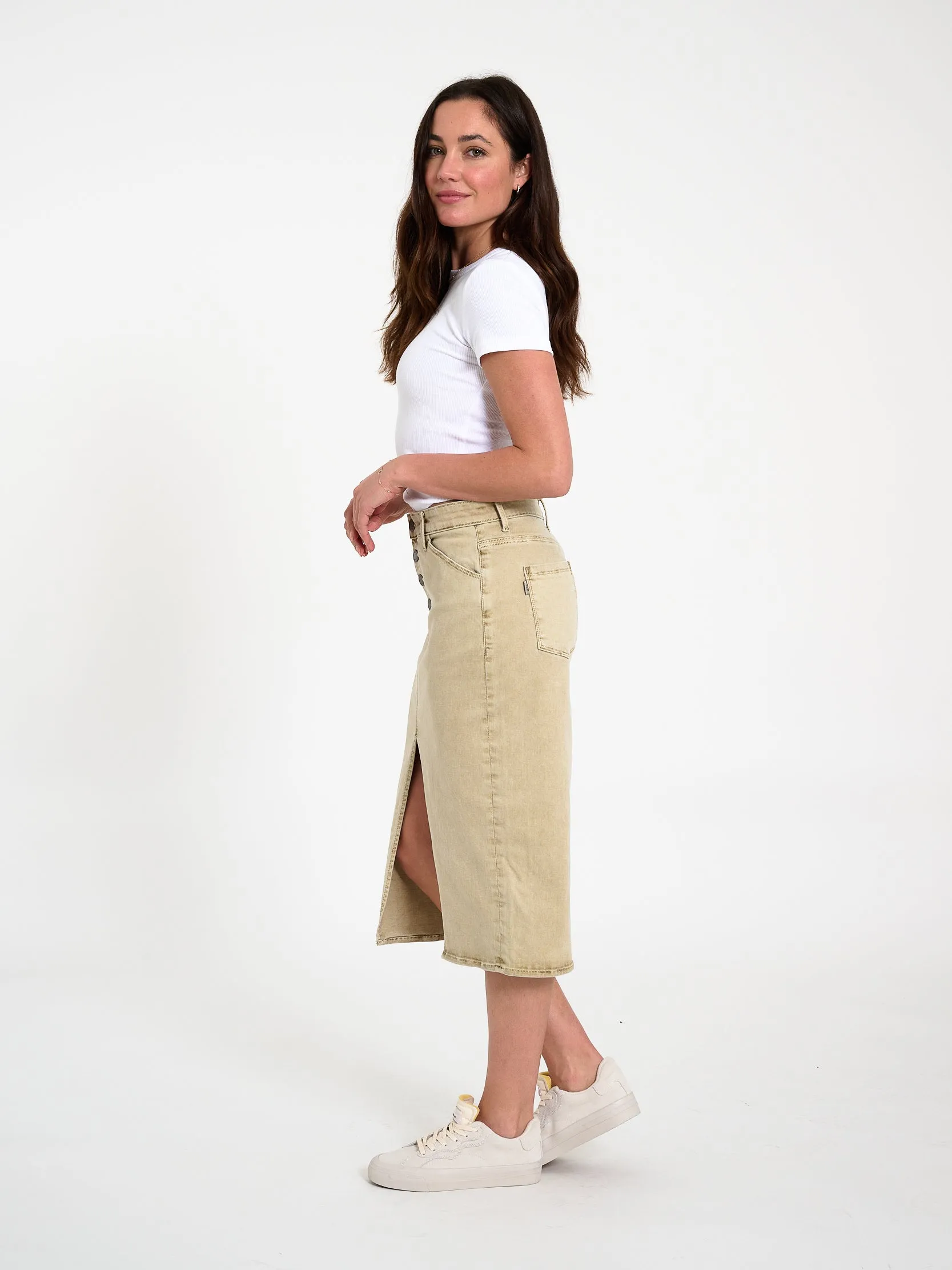 Button Fly Midi Skirt in Stone