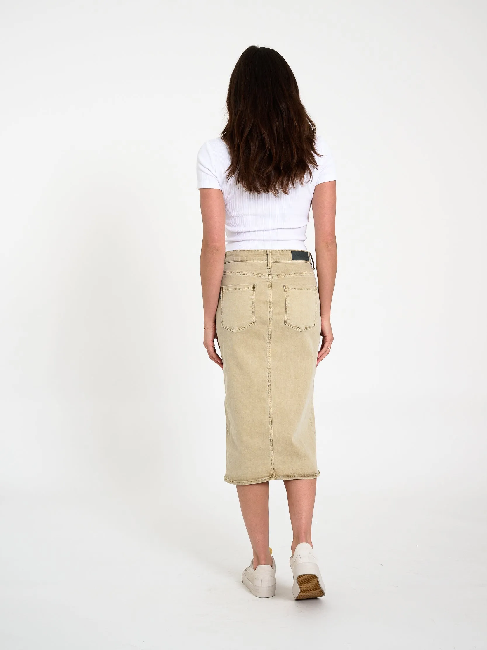 Button Fly Midi Skirt in Stone