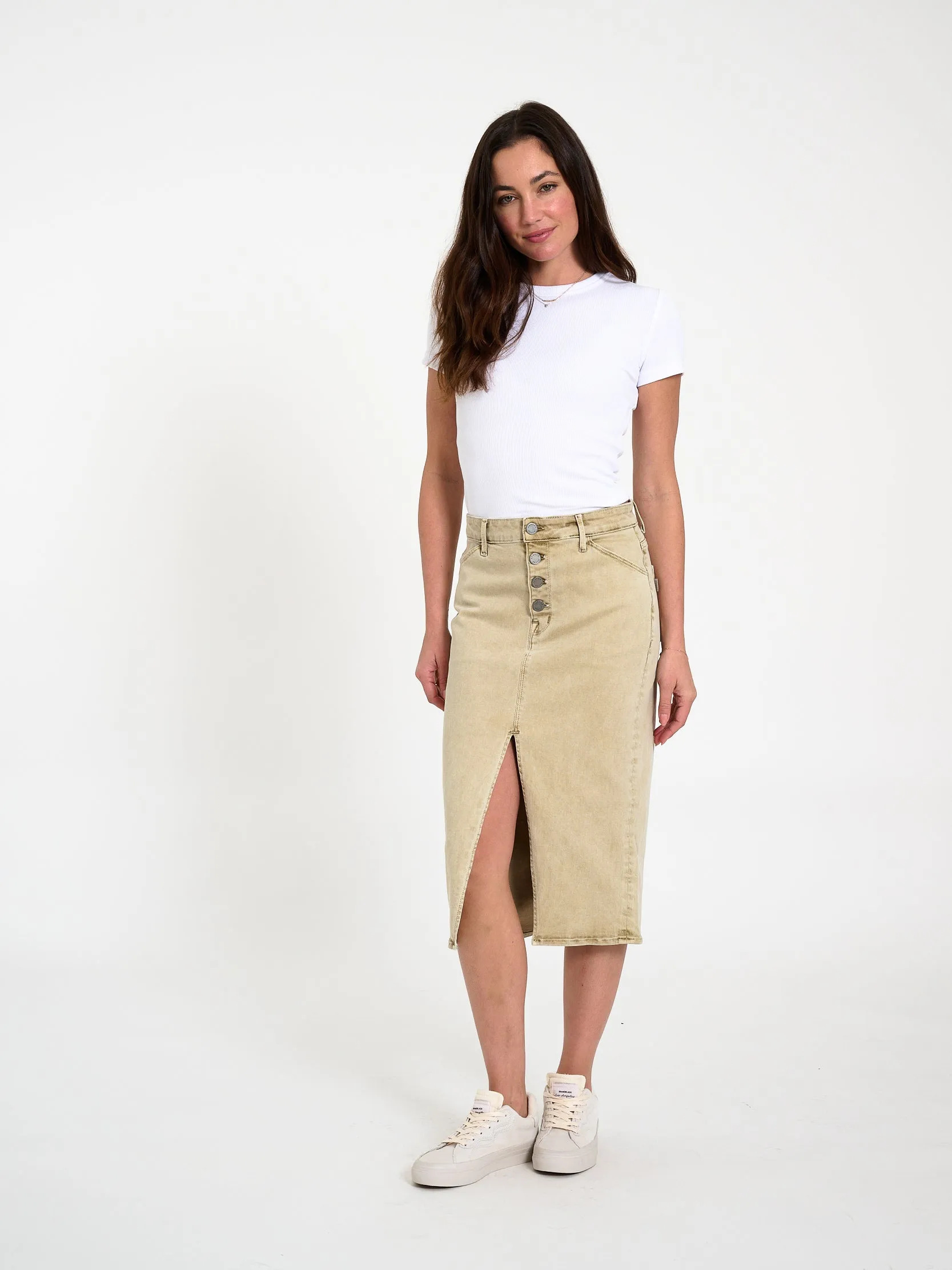 Button Fly Midi Skirt in Stone