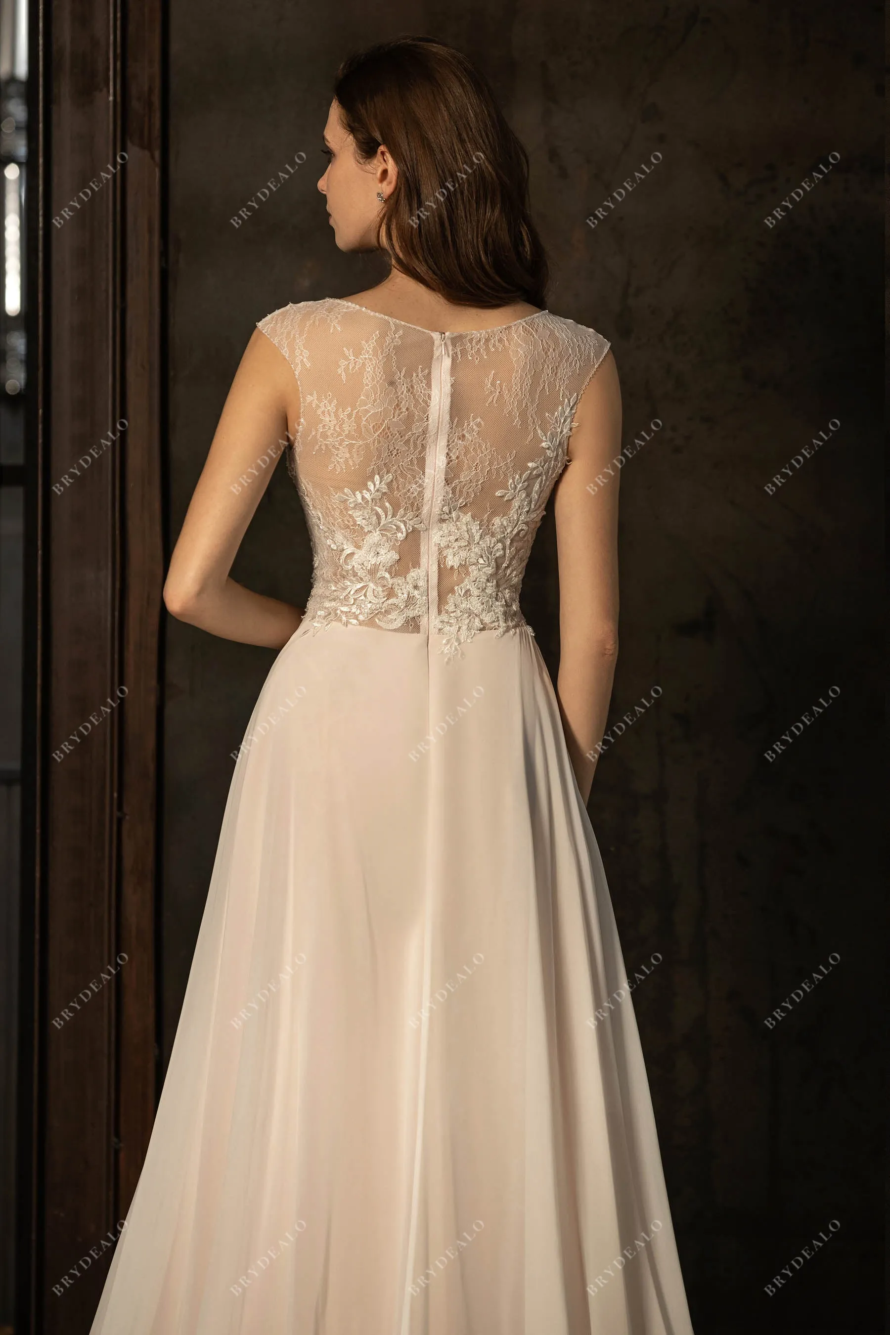 Cap Sleeve Beaded Lace Flowy Beach Wedding Dress