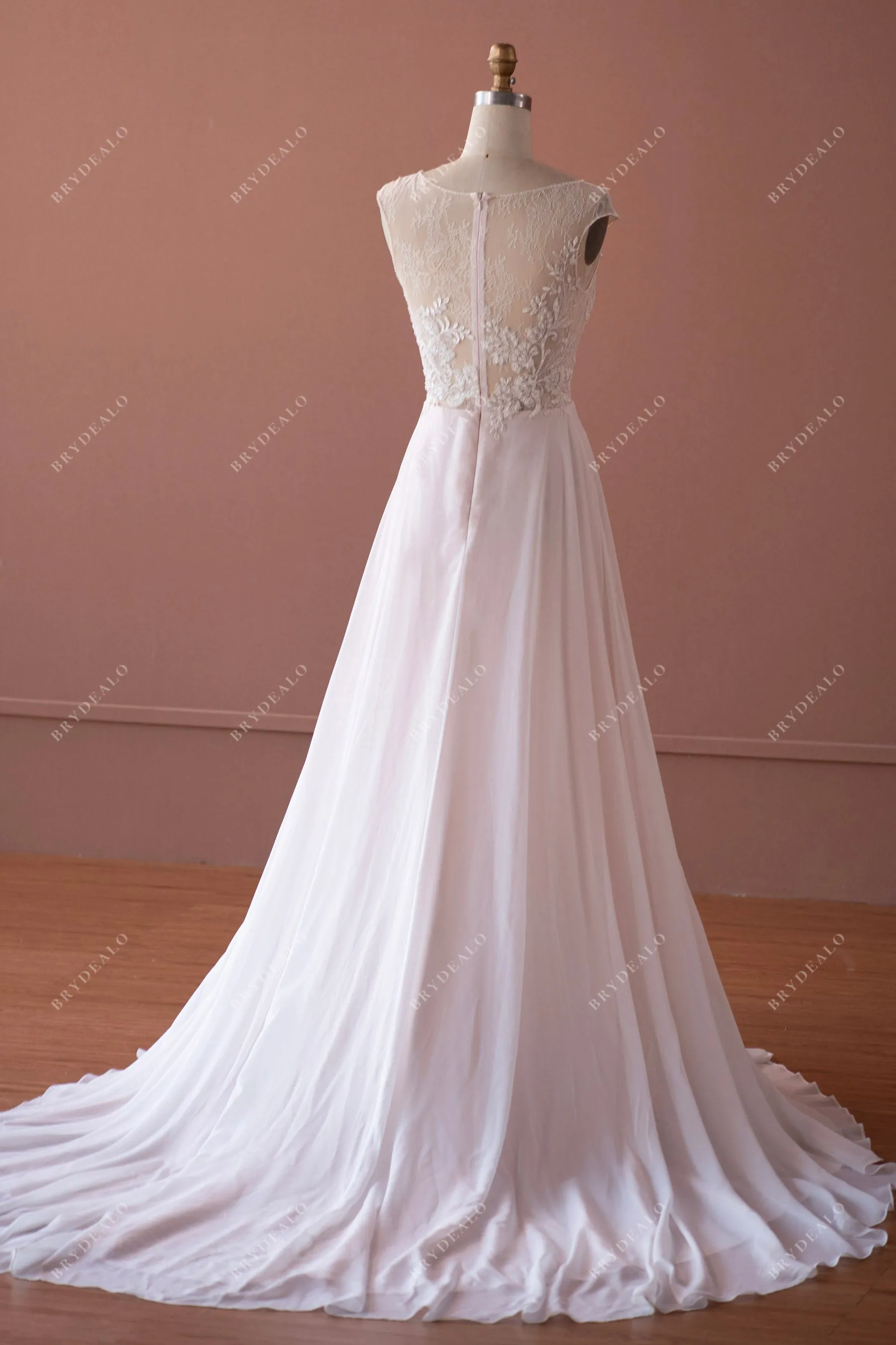 Cap Sleeve Beaded Lace Flowy Beach Wedding Dress