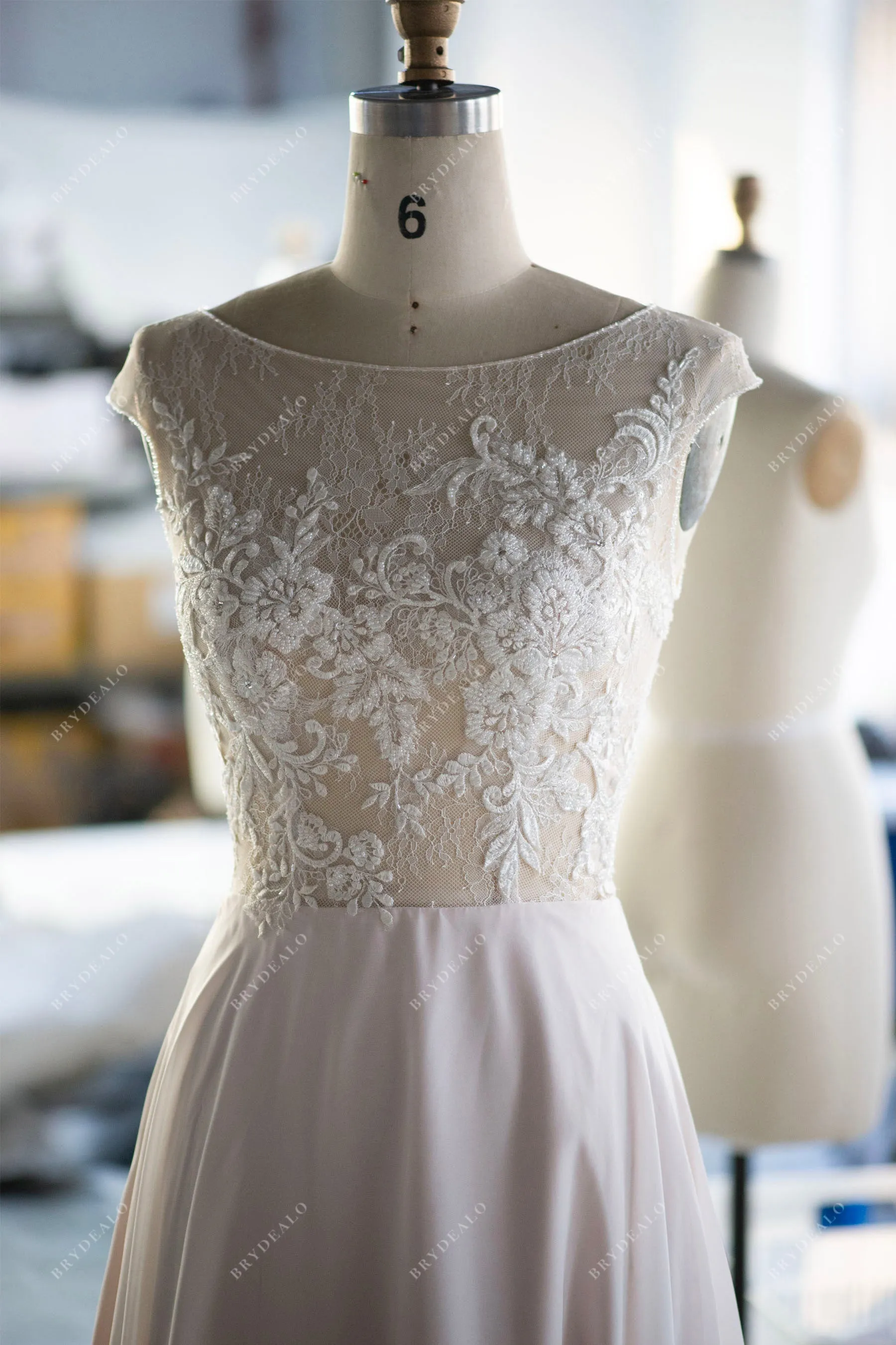 Cap Sleeve Beaded Lace Flowy Beach Wedding Dress