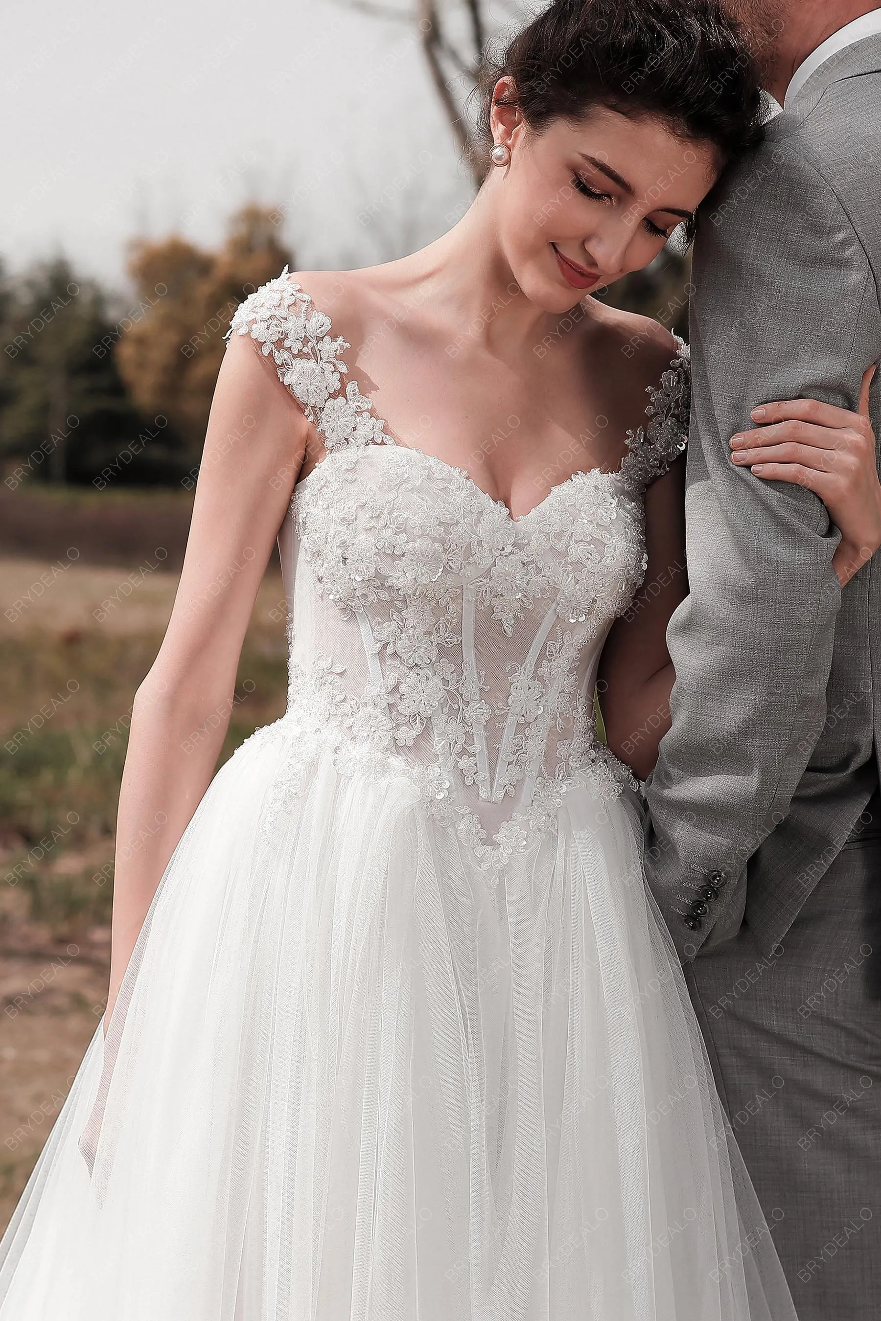 Cap Sleeve Beaded Lace Puffy A-line Wedding Dress