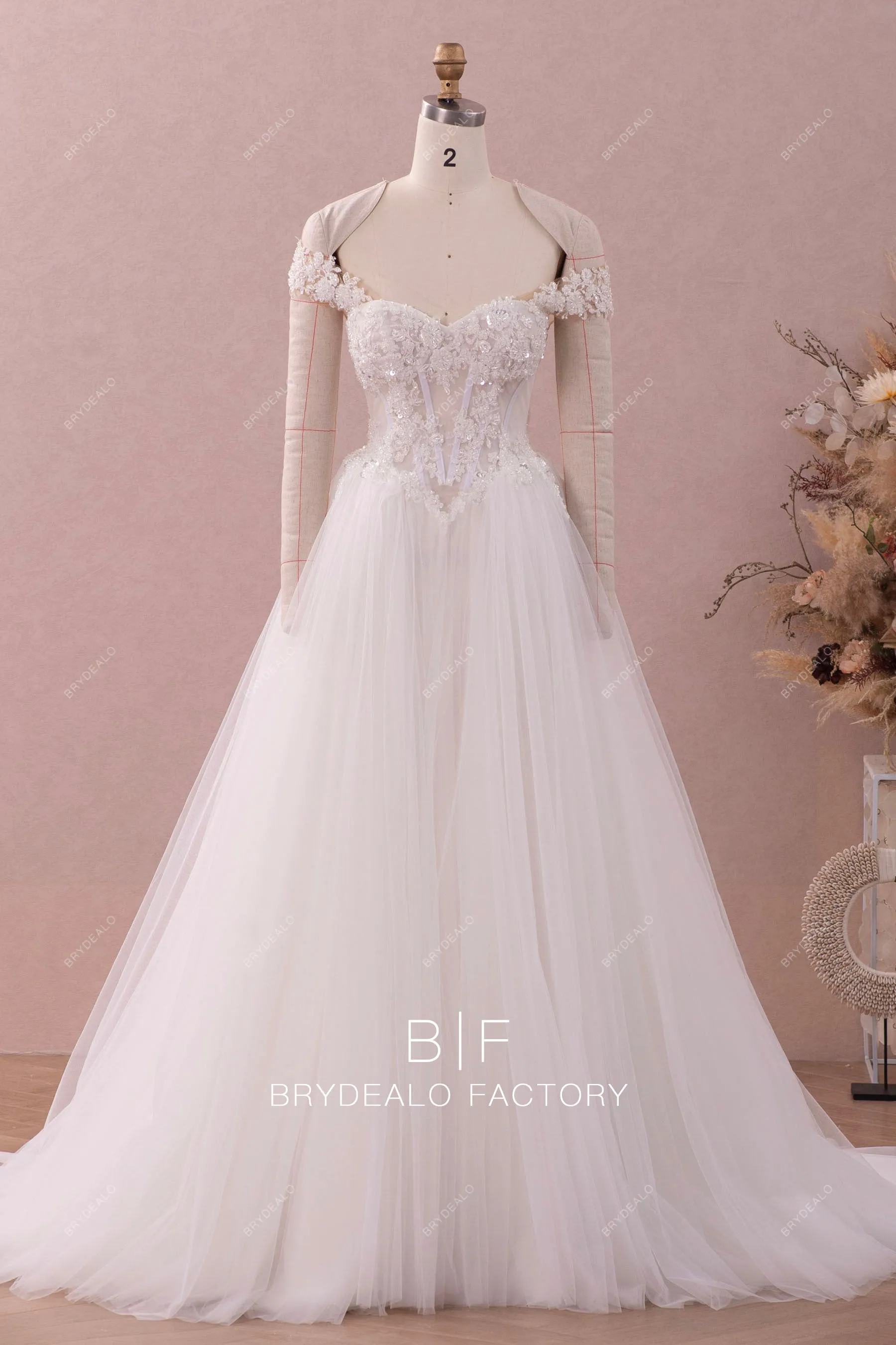 Cap Sleeve Beaded Lace Puffy A-line Wedding Dress