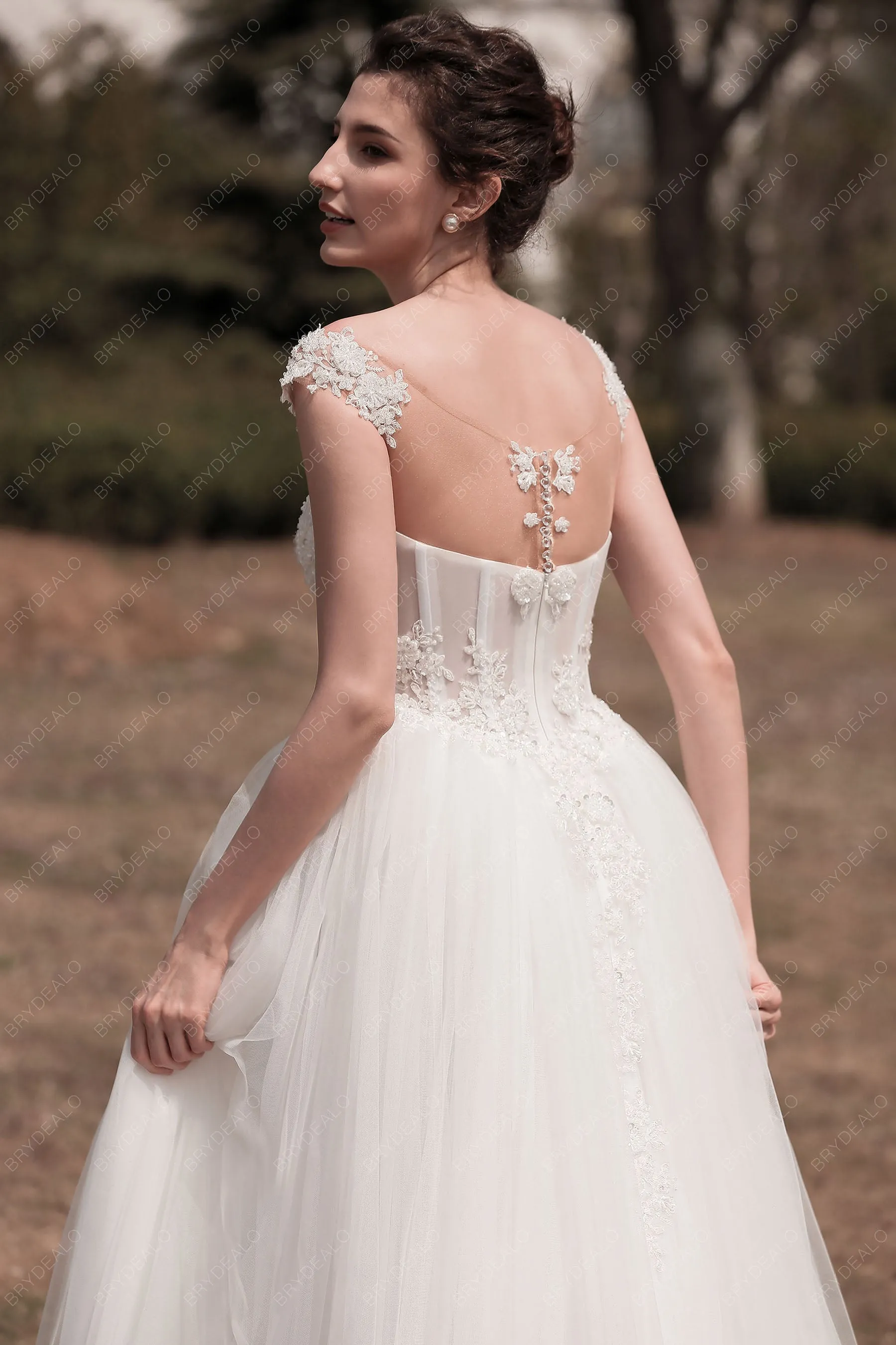 Cap Sleeve Beaded Lace Puffy A-line Wedding Dress