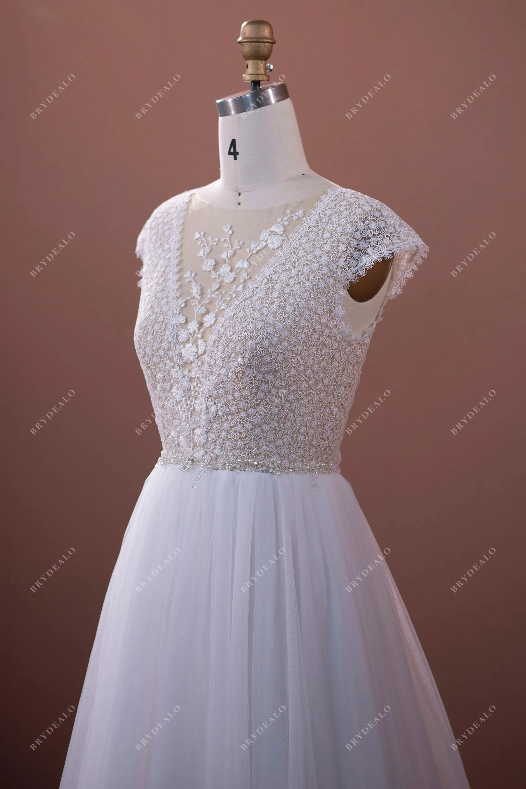 Cap Sleeve Boho Floral Lace A-line Tulle Bridal Gown