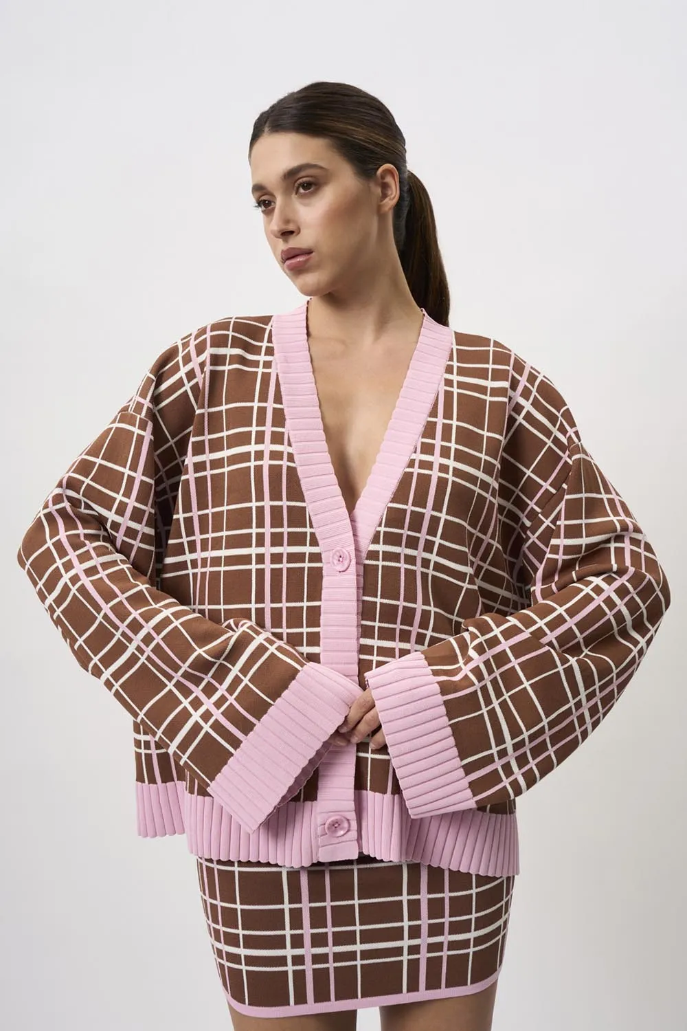 Carolina Check Knit Cardi | Final Sale - Brown Pink