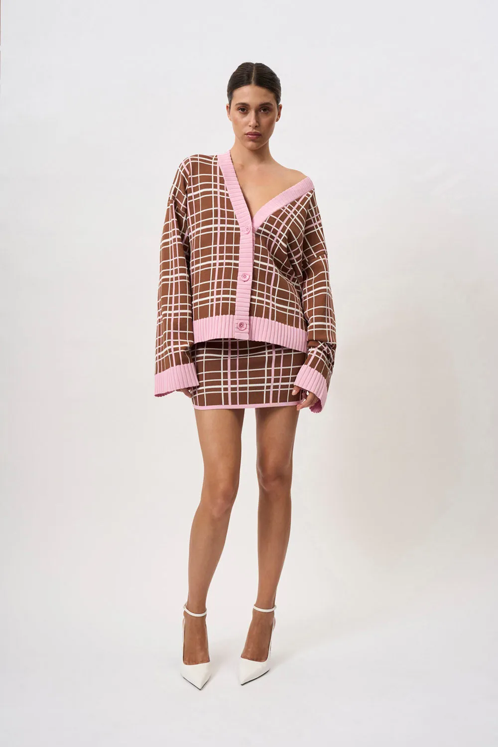 Carolina Check Knit Cardi | Final Sale - Brown Pink