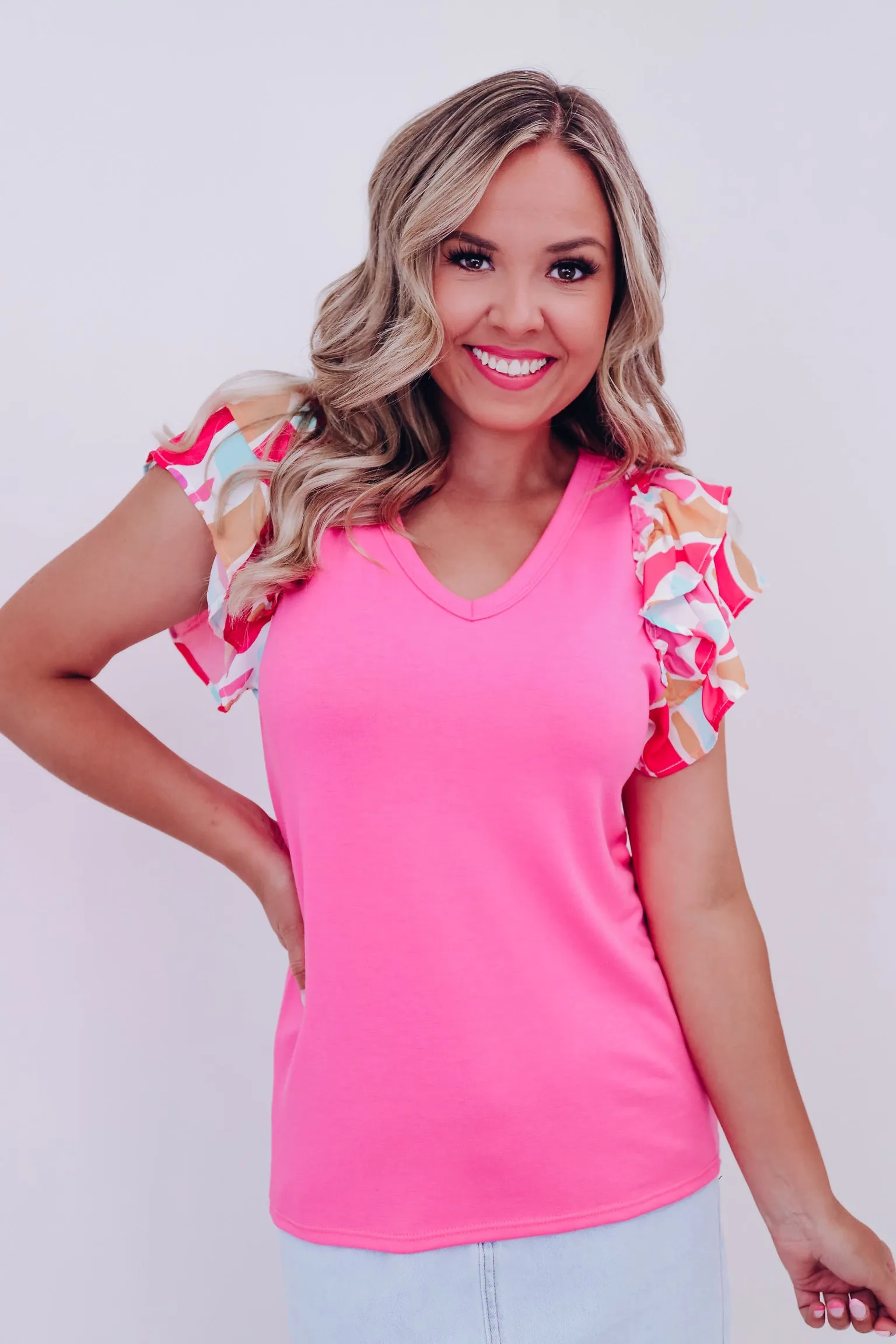 Carrie V- Neck Ruffle Sleeve Top - Pink