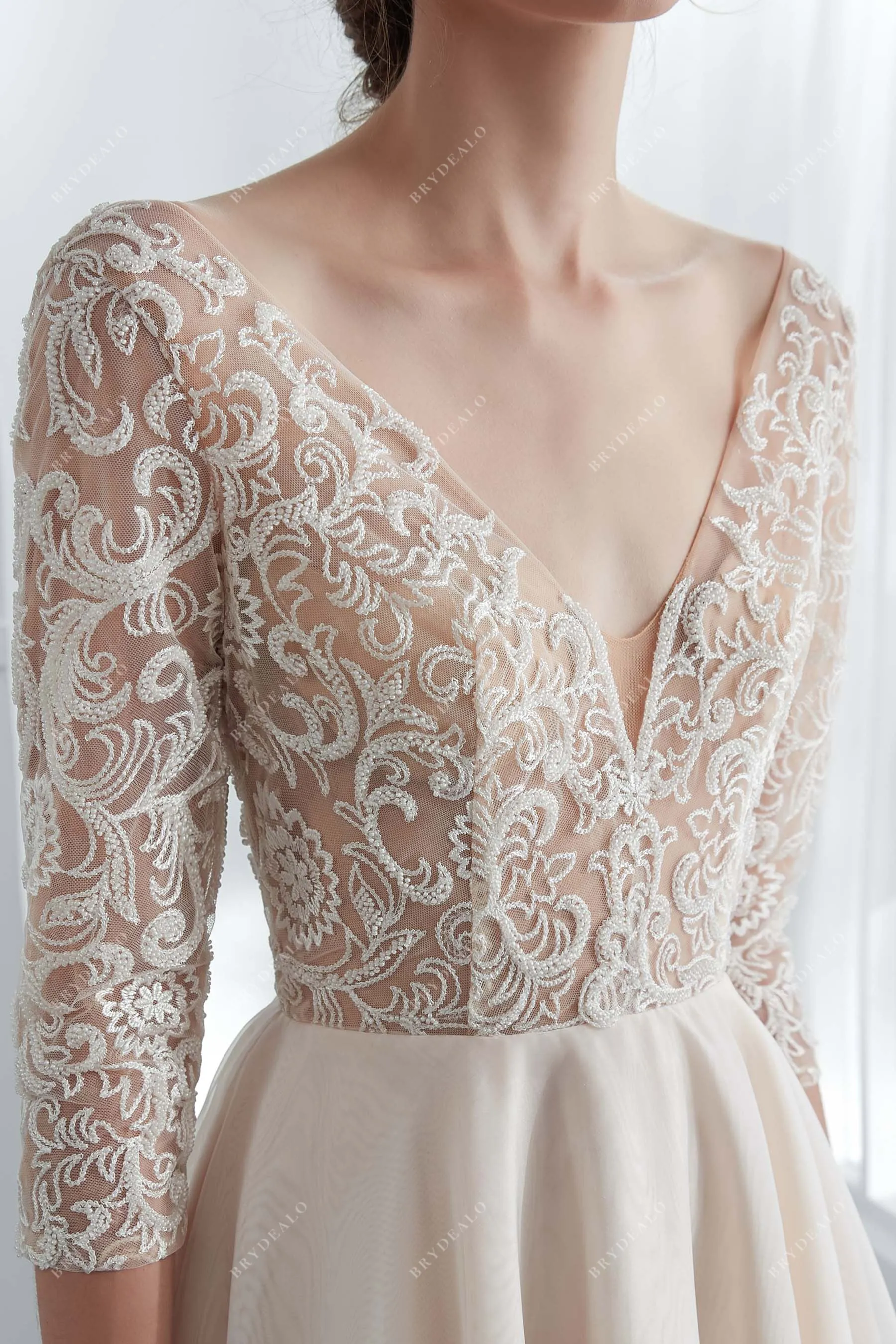 Champagne Illusion 3/4 Sleeve Lace Wedding Dress