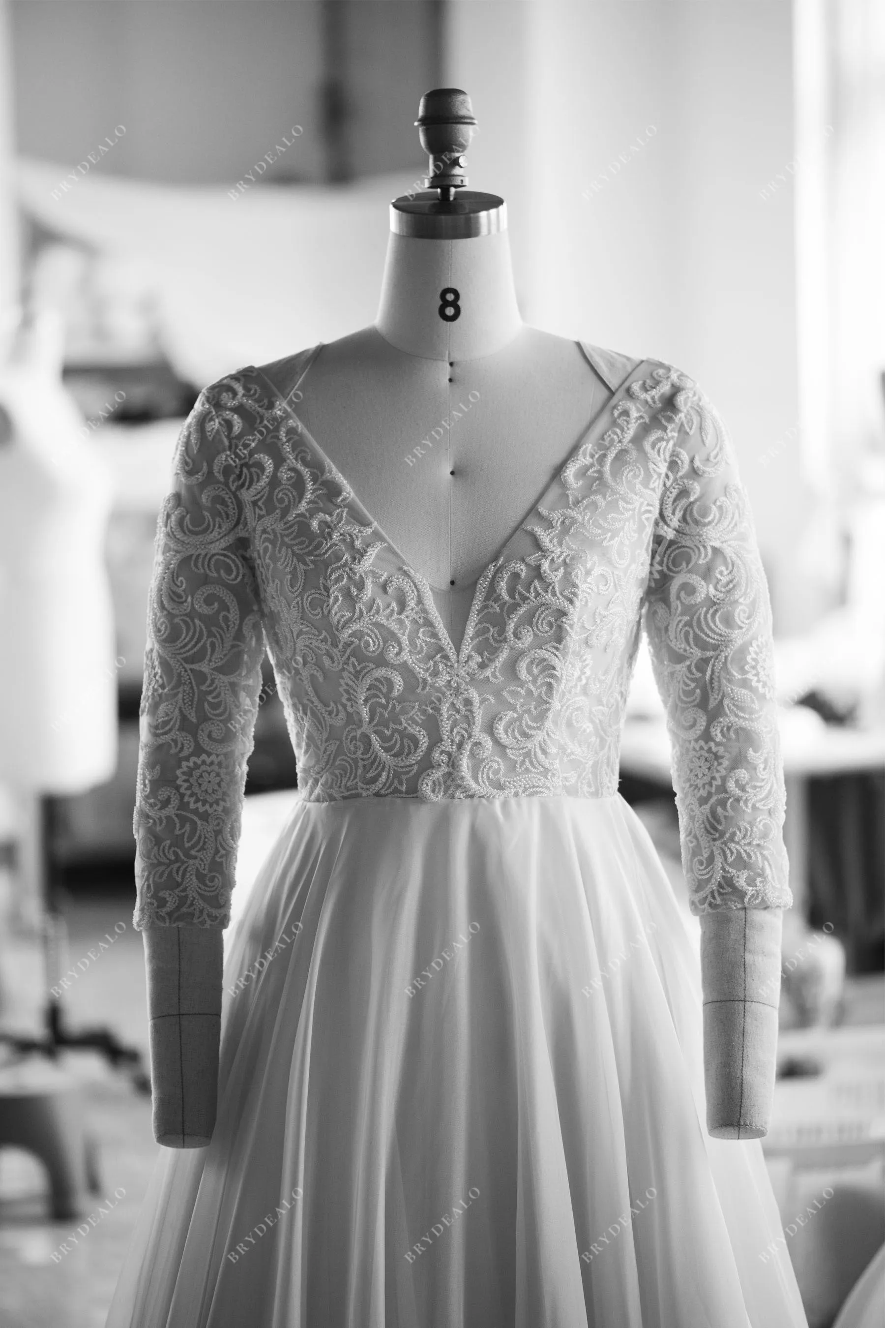 Champagne Illusion 3/4 Sleeve Lace Wedding Dress