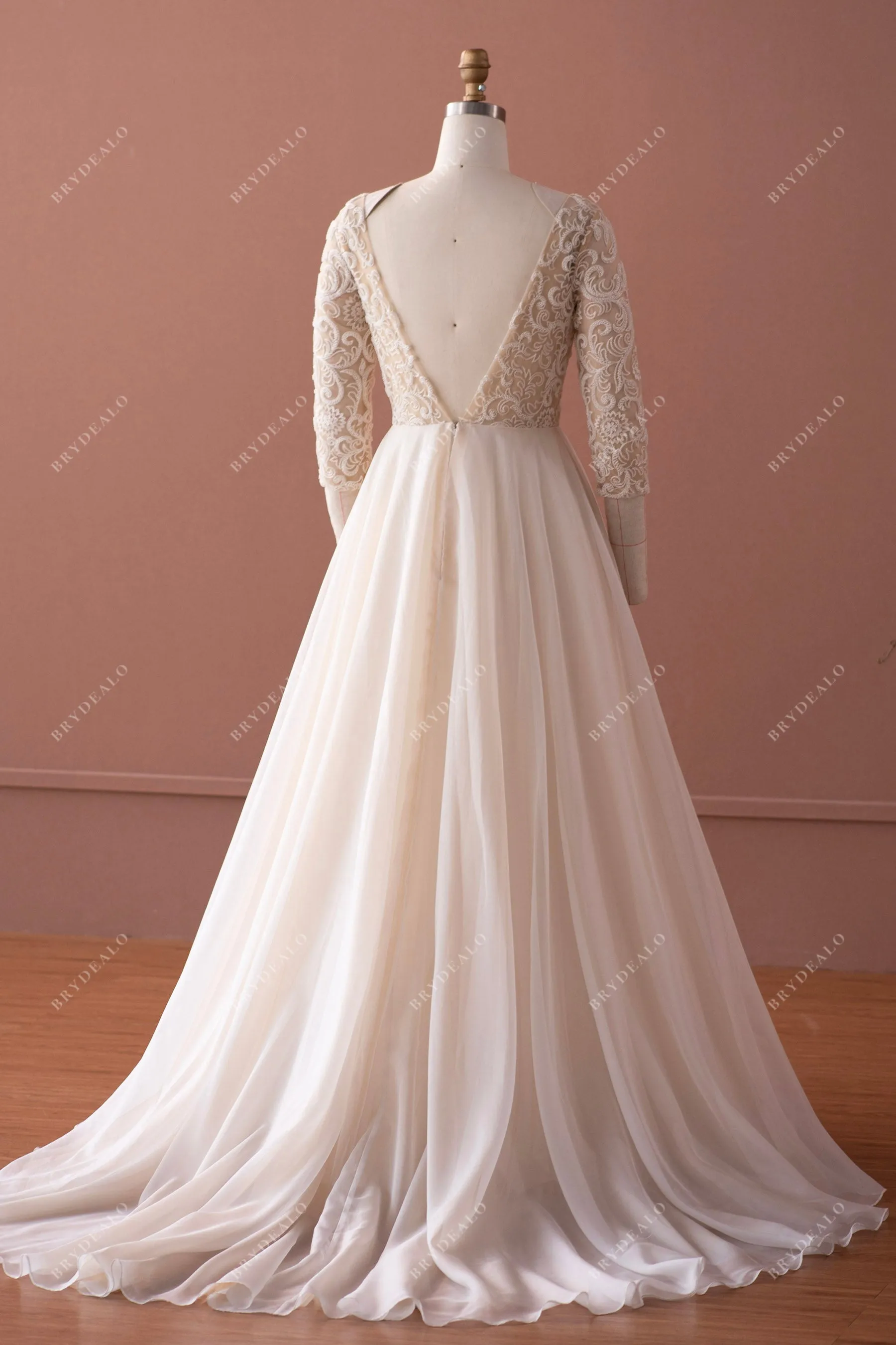 Champagne Illusion 3/4 Sleeve Lace Wedding Dress