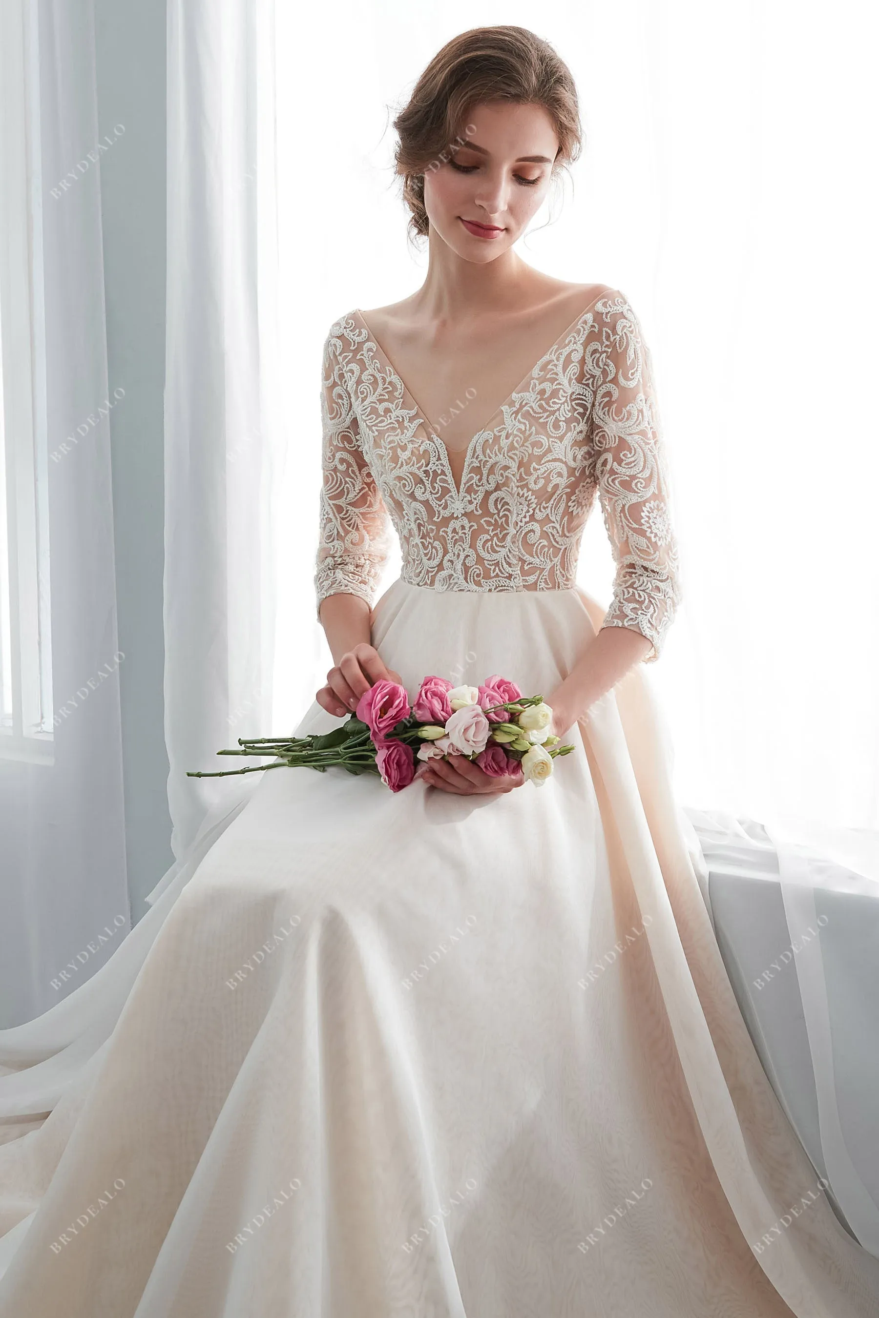 Champagne Illusion 3/4 Sleeve Lace Wedding Dress