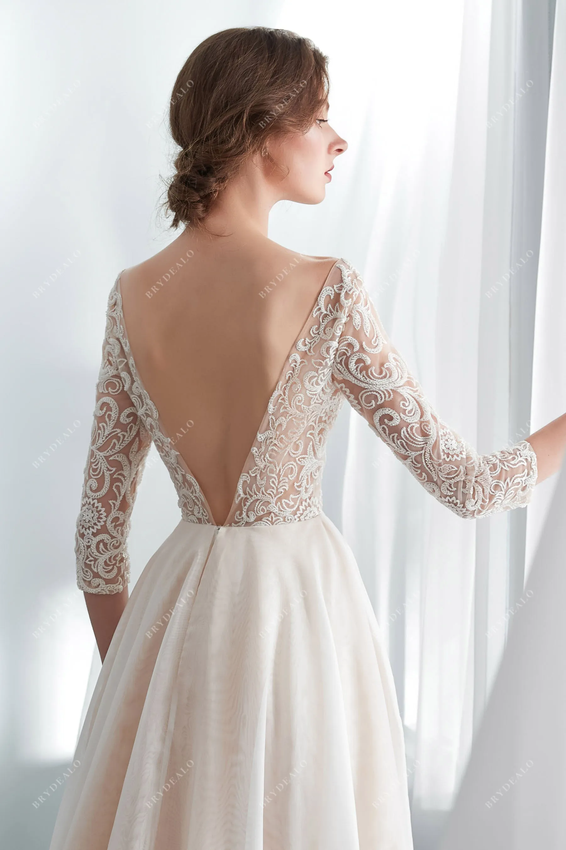 Champagne Illusion 3/4 Sleeve Lace Wedding Dress