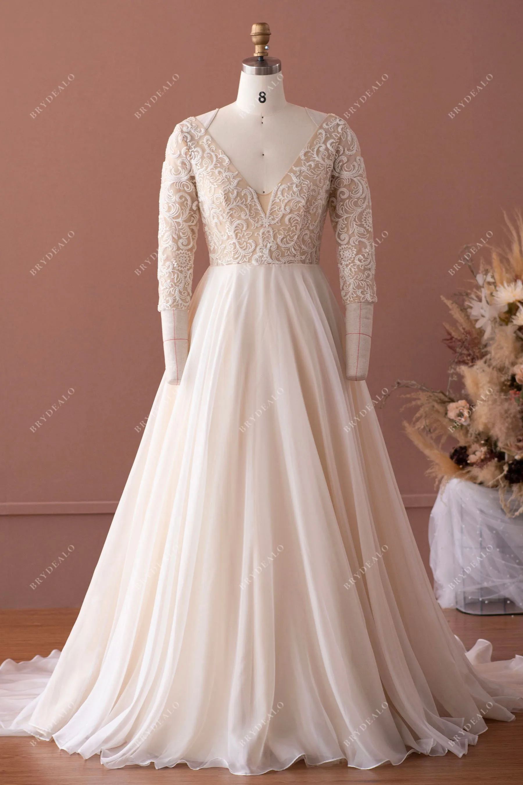 Champagne Illusion 3/4 Sleeve Lace Wedding Dress