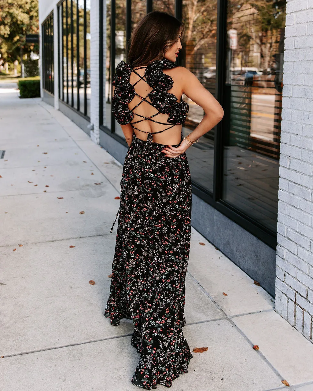 Charlotta Floral Ruffle Cutout Maxi Dress - Black - FINAL SALE