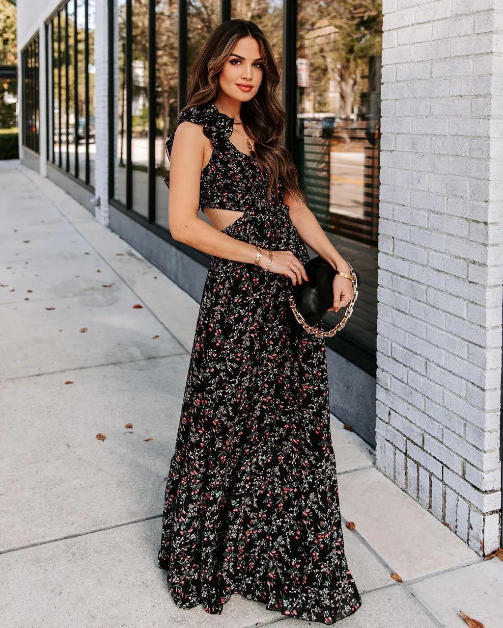 Charlotta Floral Ruffle Cutout Maxi Dress - Black - FINAL SALE