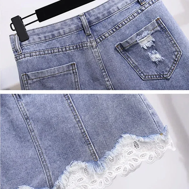 Chic Doll Collar Bowknot Knitted T-Shirt High Waist Denim Skirt