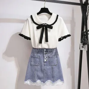 Chic Doll Collar Bowknot Knitted T-Shirt High Waist Denim Skirt