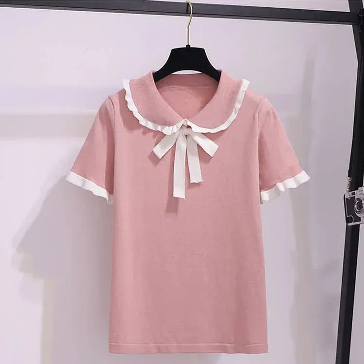 Chic Doll Collar Bowknot Knitted T-Shirt High Waist Denim Skirt