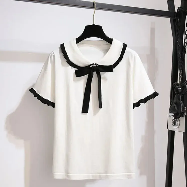 Chic Doll Collar Bowknot Knitted T-Shirt High Waist Denim Skirt