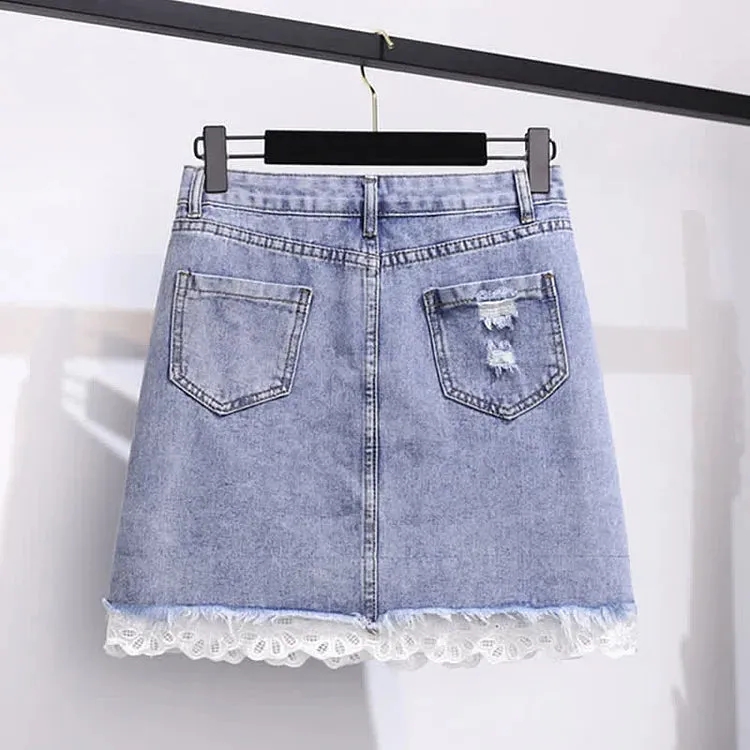 Chic Doll Collar Bowknot Knitted T-Shirt High Waist Denim Skirt