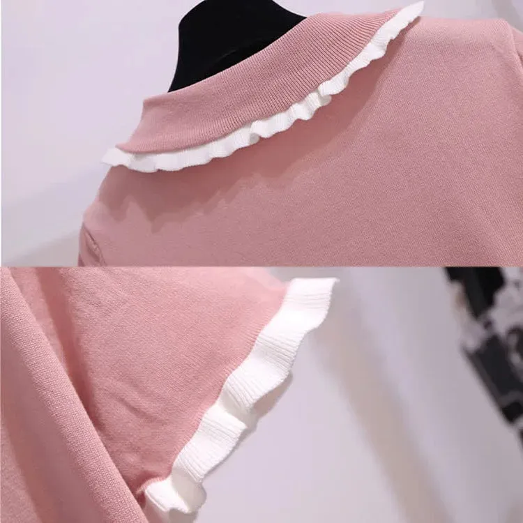 Chic Doll Collar Bowknot Knitted T-Shirt High Waist Denim Skirt