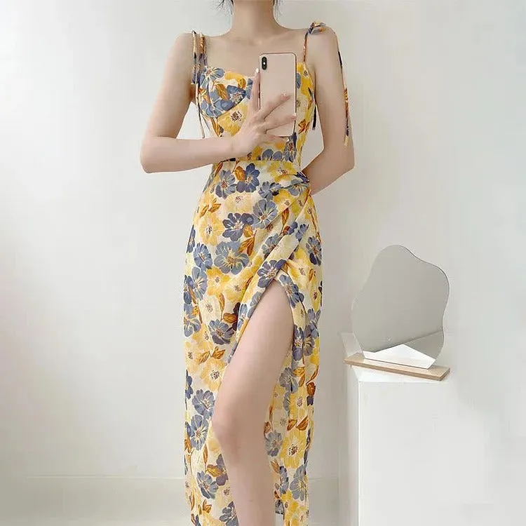 Chic Vintage Oil Painting Floral Print Lace Up Split Slip Dress